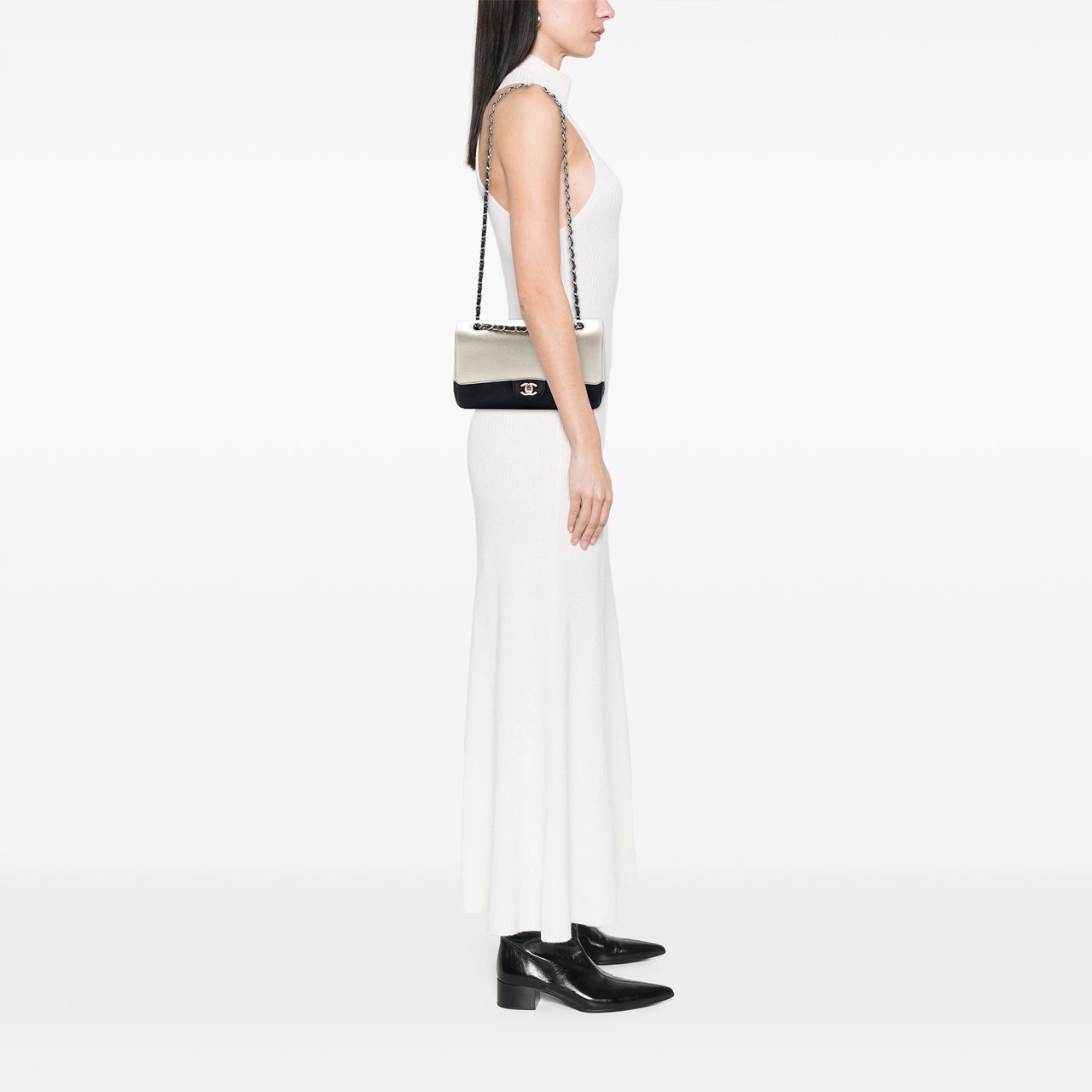 Chanel Medium Classic Bicolor Caviar Double Flap Zilver