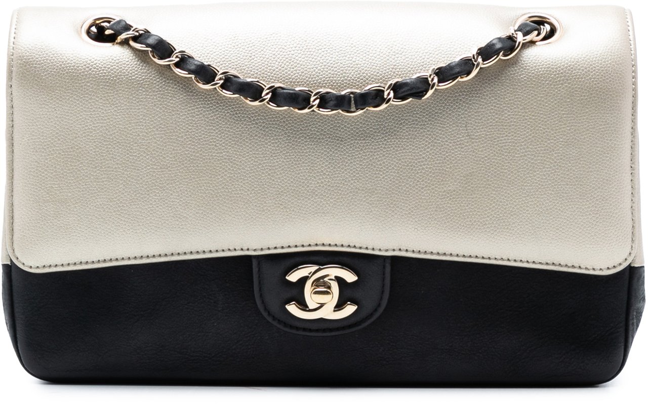 Chanel Medium Classic Bicolor Caviar Double Flap Zilver