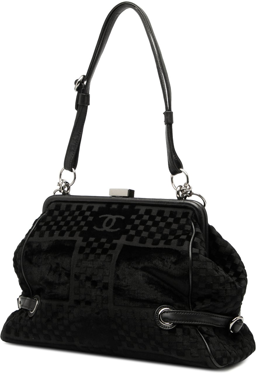 Chanel CC Check Embossed Velvet Belted Side Frame Bag Zwart