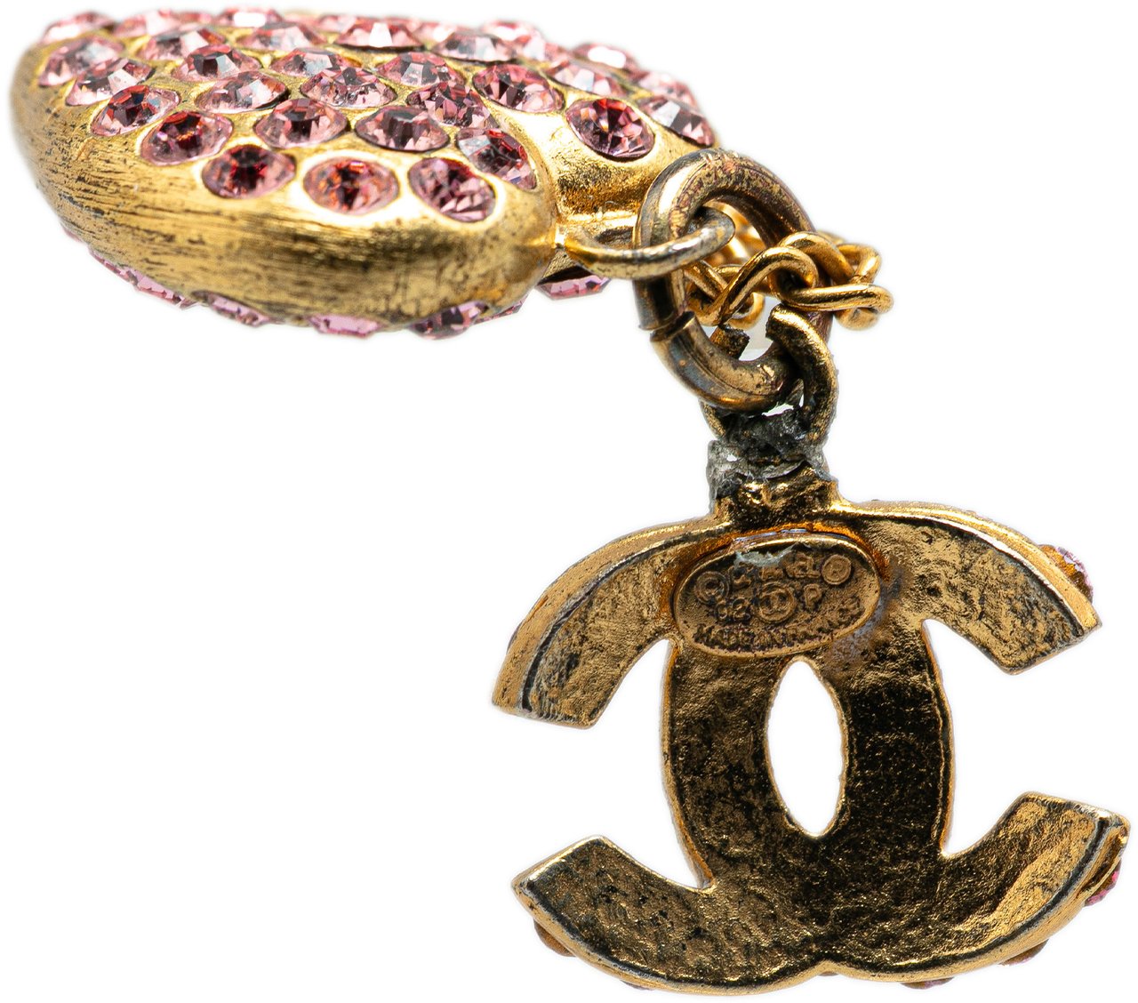 Chanel Gold Plated Rhinestone CC Heart Pendant Necklace Goud