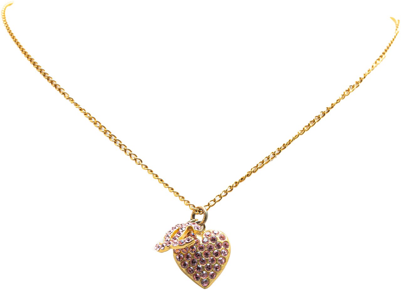Chanel Gold Plated Rhinestone CC Heart Pendant Necklace Goud