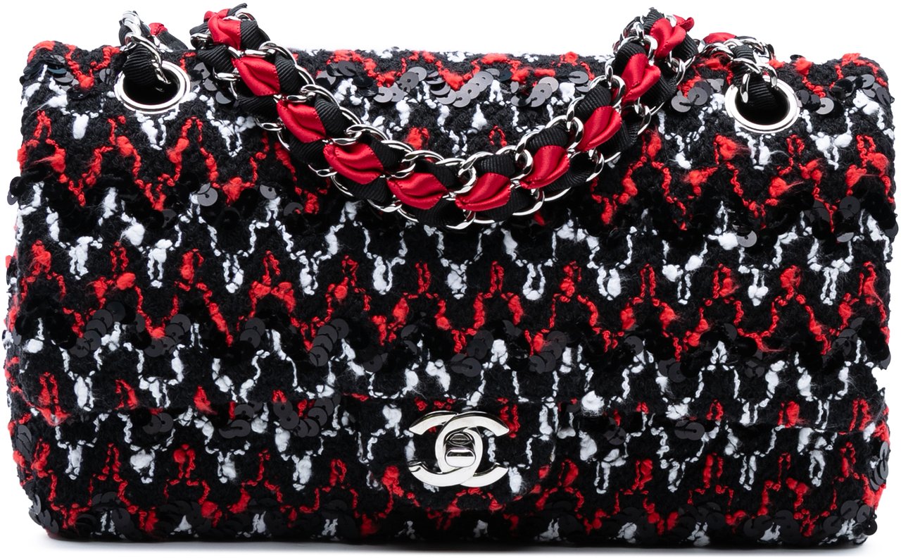 Chanel Medium Classic Sequined Tweed Double Flap Zwart