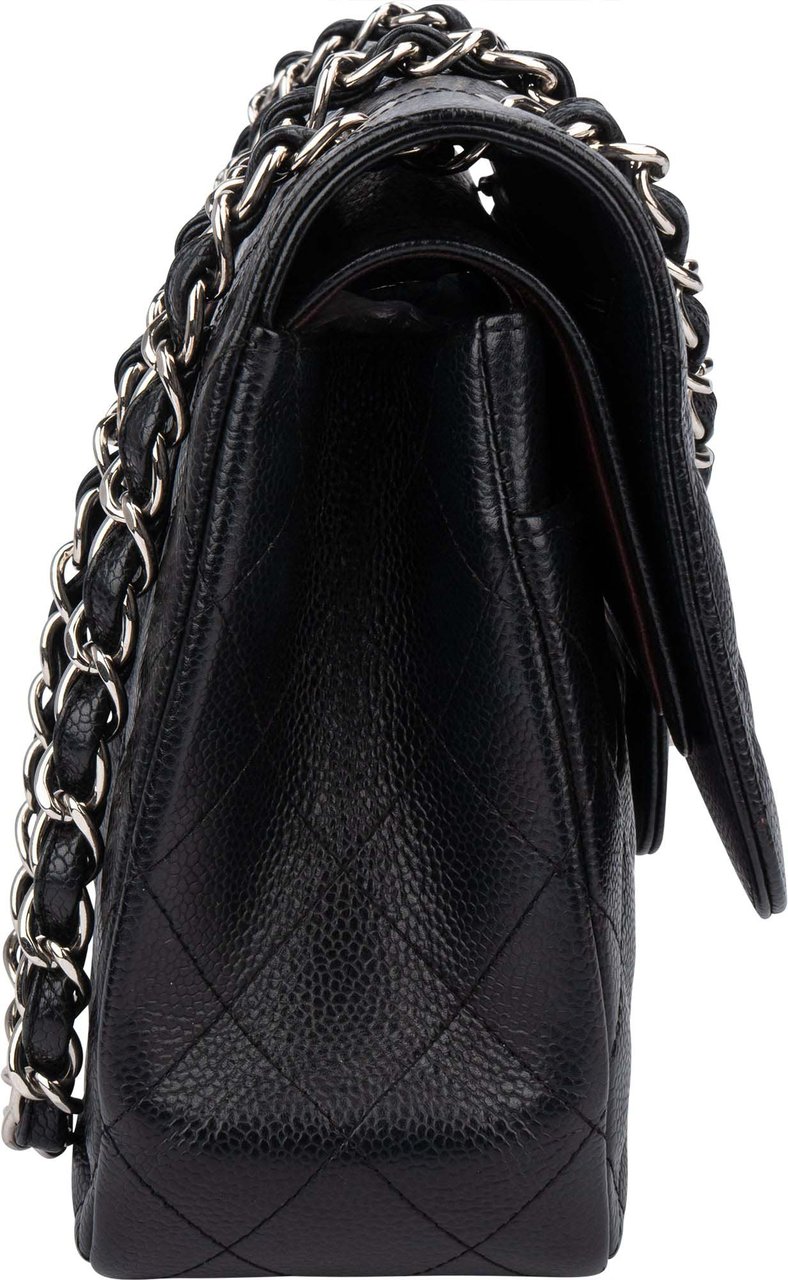 Chanel Chanel Quilted Caviar Leather Palladium Jumbo Double Flap Crossbody Bag Zwart