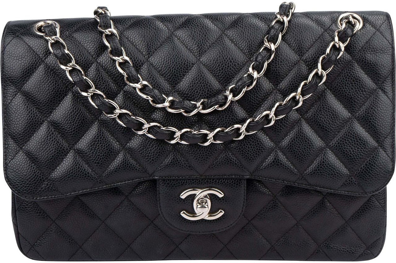 Chanel Chanel Quilted Caviar Leather Palladium Jumbo Double Flap Crossbody Bag Zwart