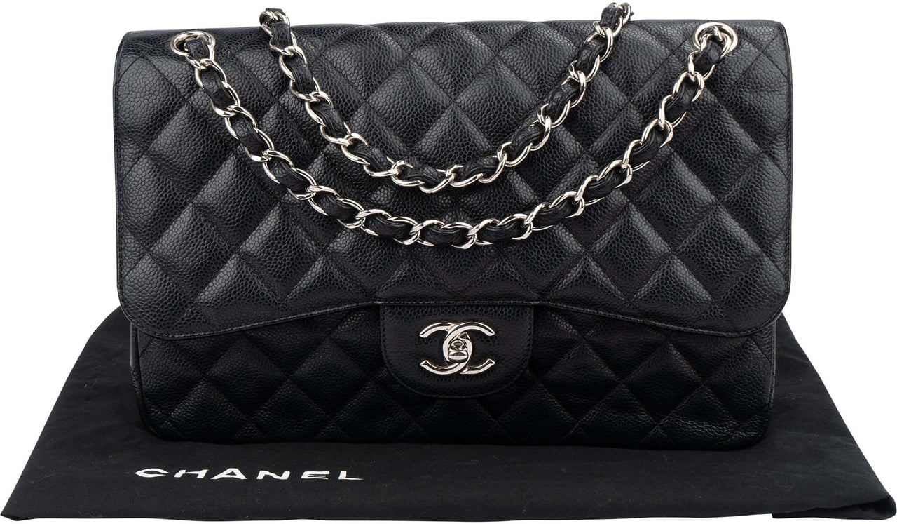 Chanel Chanel Quilted Caviar Leather Palladium Jumbo Double Flap Crossbody Bag Zwart