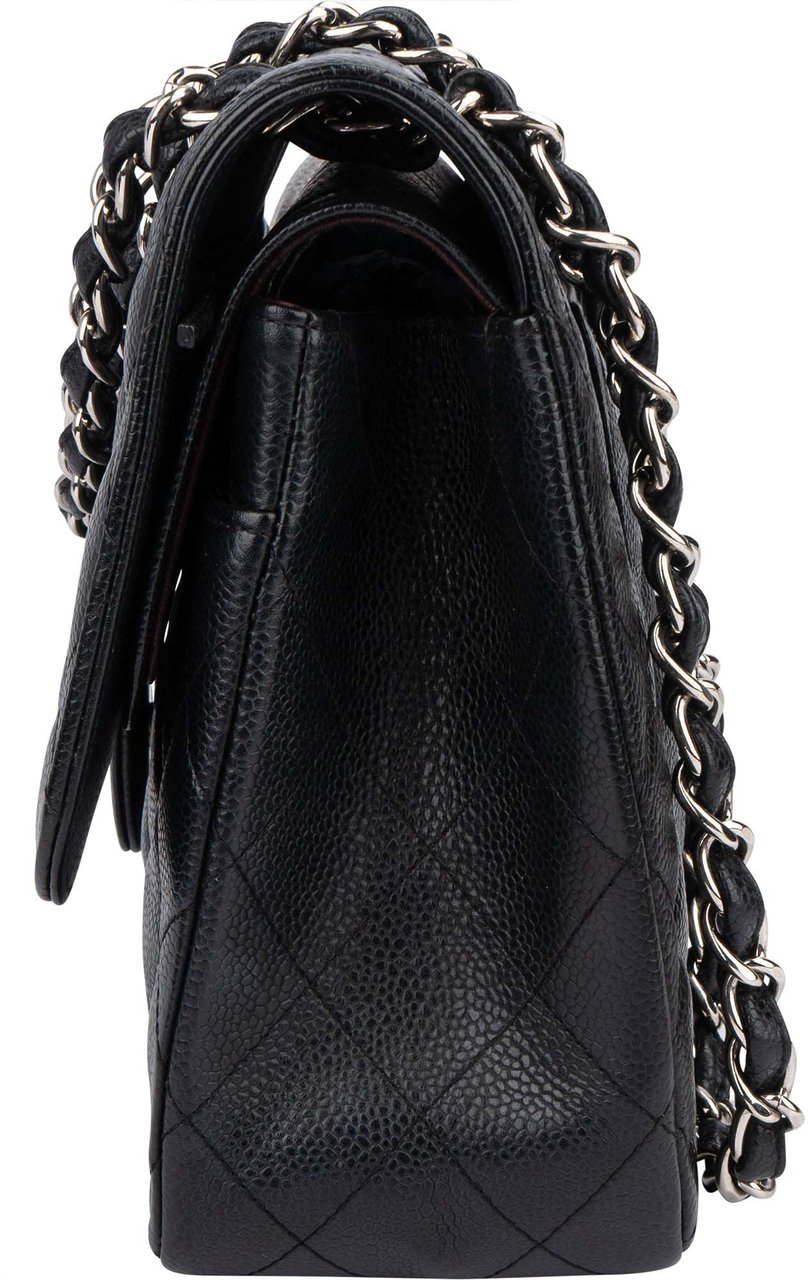 Chanel Chanel Quilted Caviar Leather Palladium Jumbo Double Flap Crossbody Bag Zwart