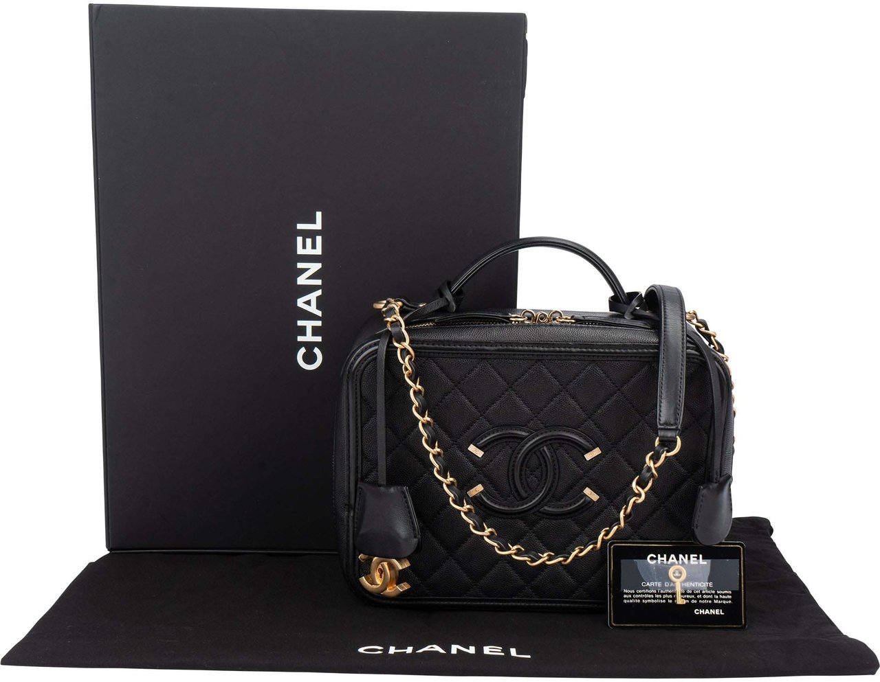 Chanel Chanel Quilted Caviar Leather Filigree Handbag Zwart
