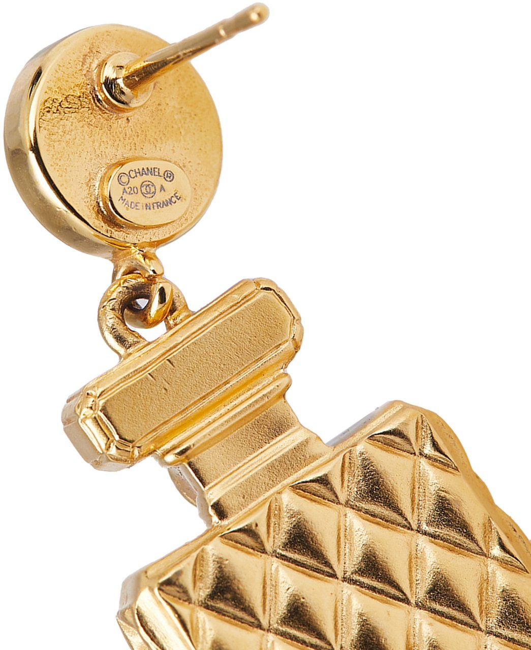 Chanel Gold Plated and Faux Pearl Crystal CC Perfume Bottle Drop Push Back Earrings Goud