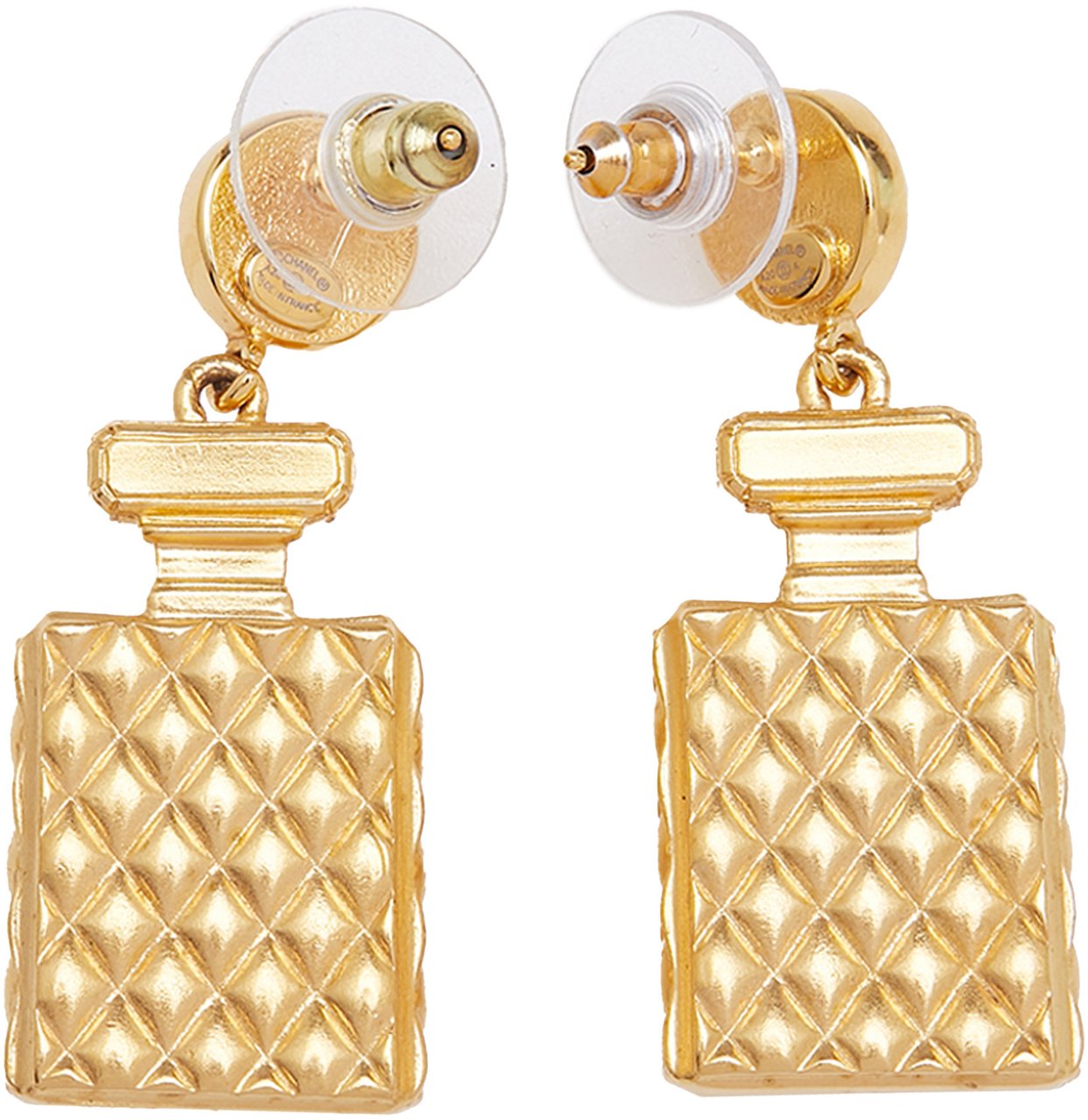 Chanel Gold Plated and Faux Pearl Crystal CC Perfume Bottle Drop Push Back Earrings Goud