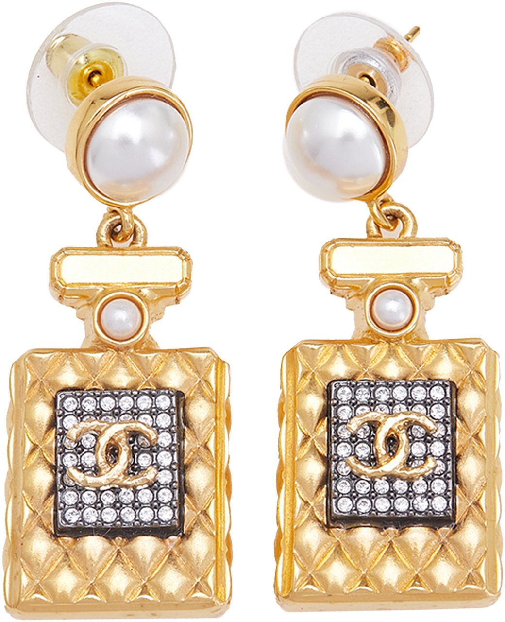 Chanel Gold Plated and Faux Pearl Crystal CC Perfume Bottle Drop Push Back Earrings Goud