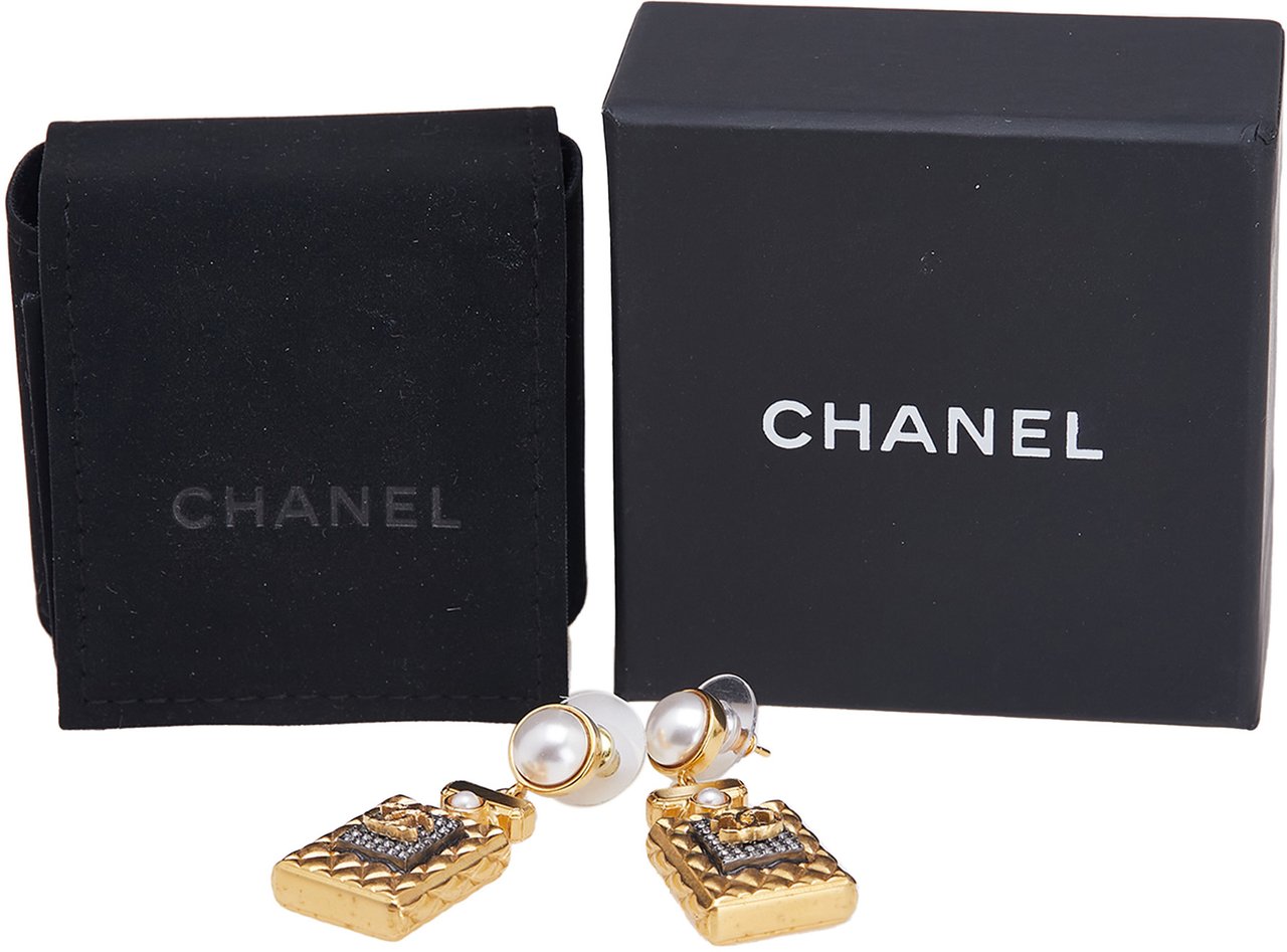 Chanel Gold Plated and Faux Pearl Crystal CC Perfume Bottle Drop Push Back Earrings Goud