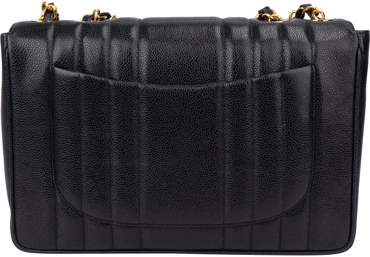Chanel Chanel Quilted Caviar Leather 24K Gold Jumbo Single Flap Crossbody Bag Zwart