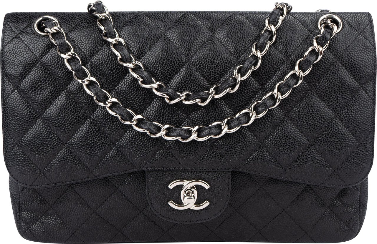 Chanel Chanel Quilted Caviar Leather Jumbo Double Flap Crossbody Bag Zwart