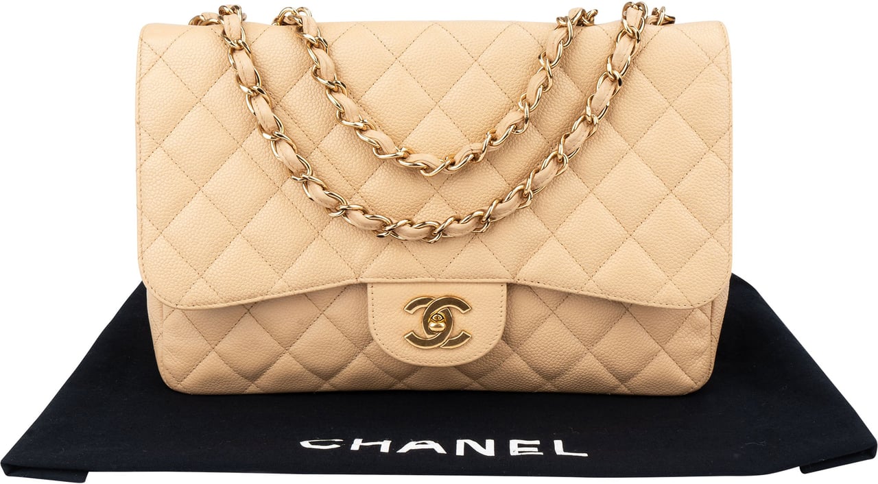 Chanel Chanel Quilted Caviar Leather Jumbo Single Flap Crossbody Bag Beige