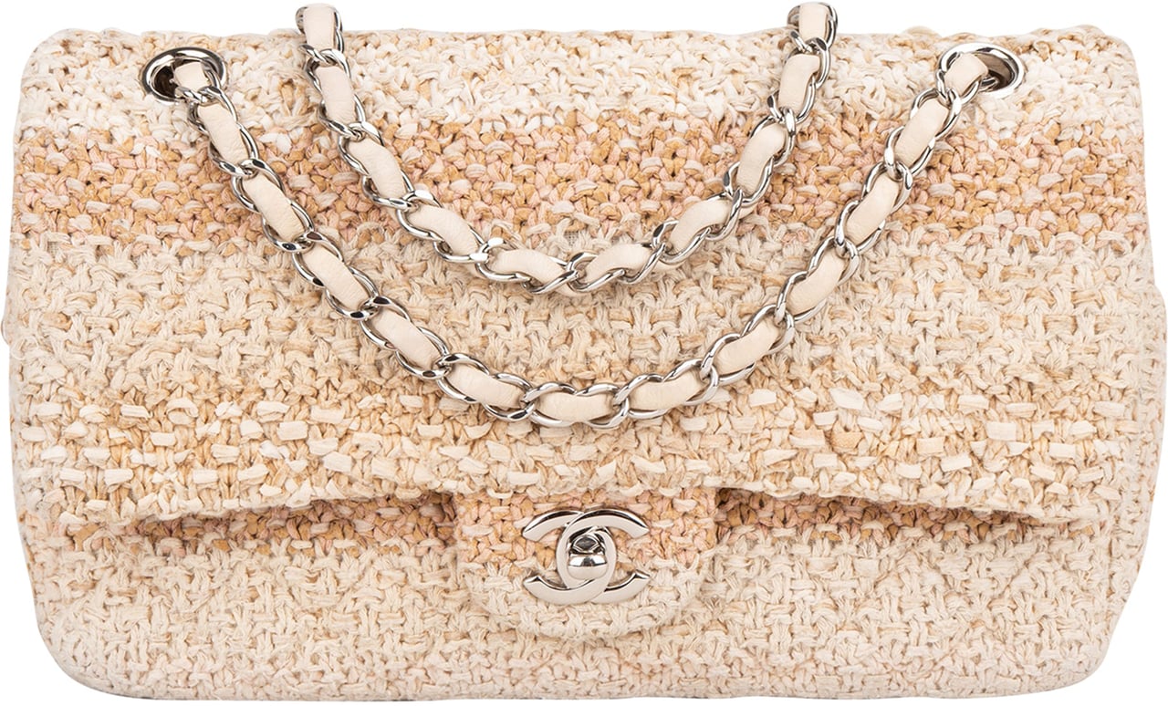 Chanel Chanel Quilted Tweed Medium Double Flap Crossbody Bag Beige