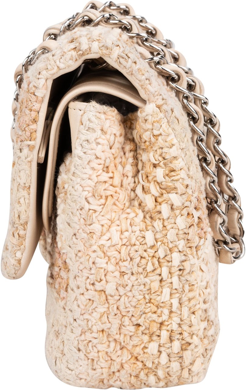 Chanel Chanel Quilted Tweed Medium Double Flap Crossbody Bag Beige