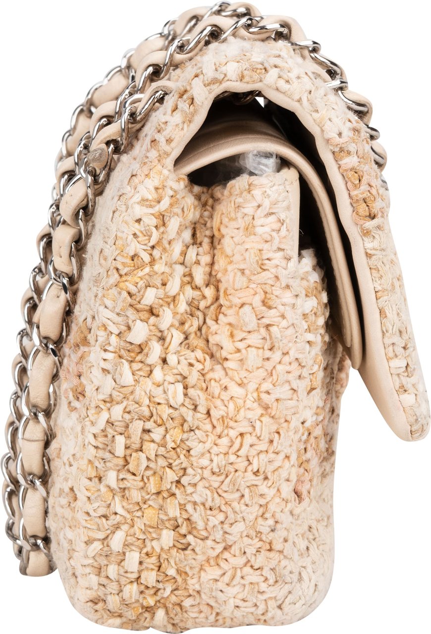 Chanel Chanel Quilted Tweed Medium Double Flap Crossbody Bag Beige