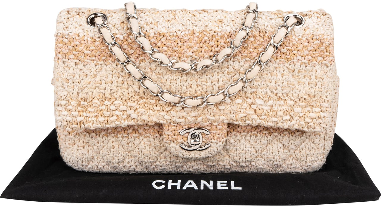 Chanel Chanel Quilted Tweed Medium Double Flap Crossbody Bag Beige