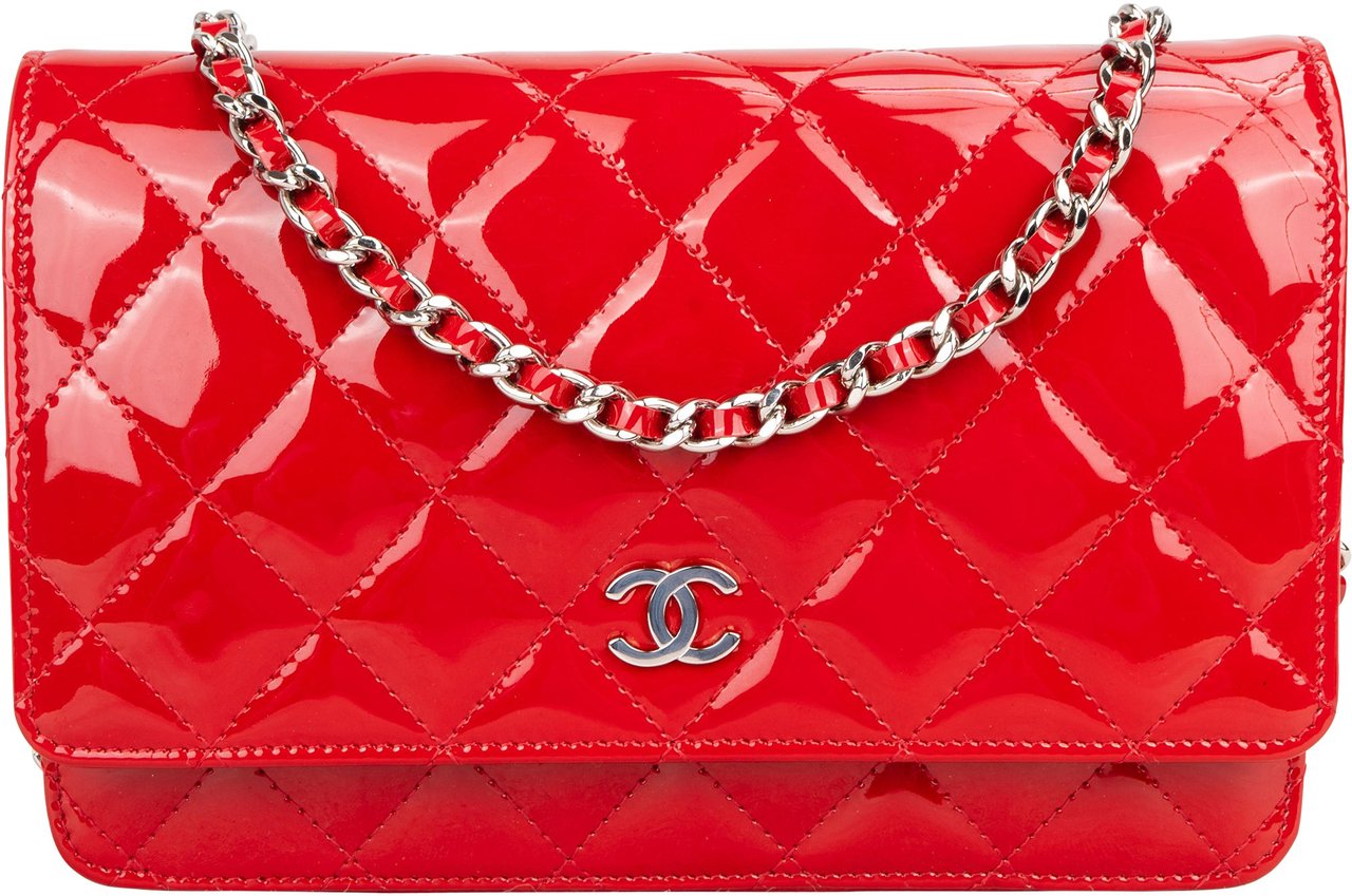 Chanel Chanel Quilted Patent Leather Wallet On Chain Crossbody Bag Rood