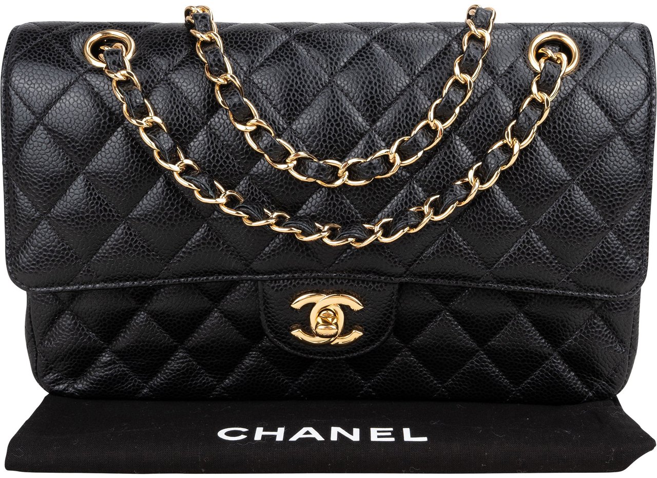 Chanel Chanel Quilted Caviar Leather Medium Double Flap Crossbody Bag Zwart