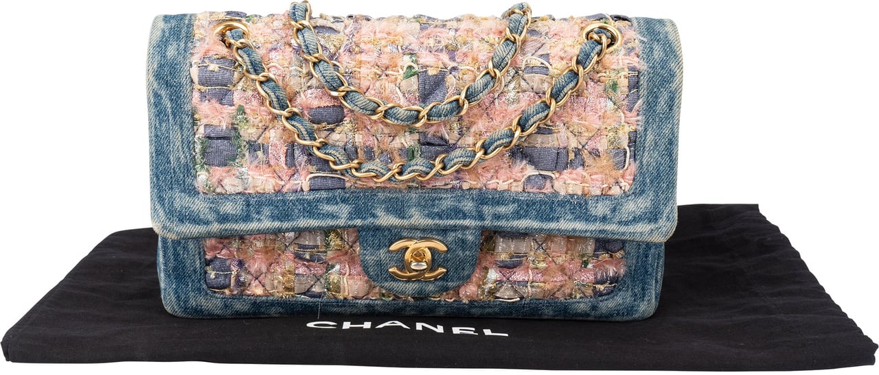 Chanel Chanel Denim Quilted Tweed Medium Double Flap Crossbody Bag Blauw