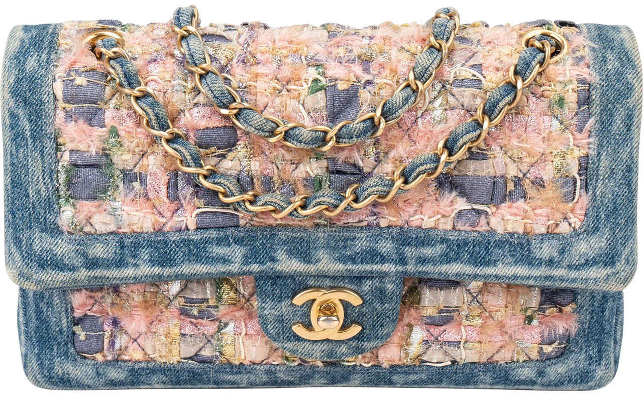 Chanel Chanel Denim Quilted Tweed Medium Double Flap Crossbody Bag Blauw