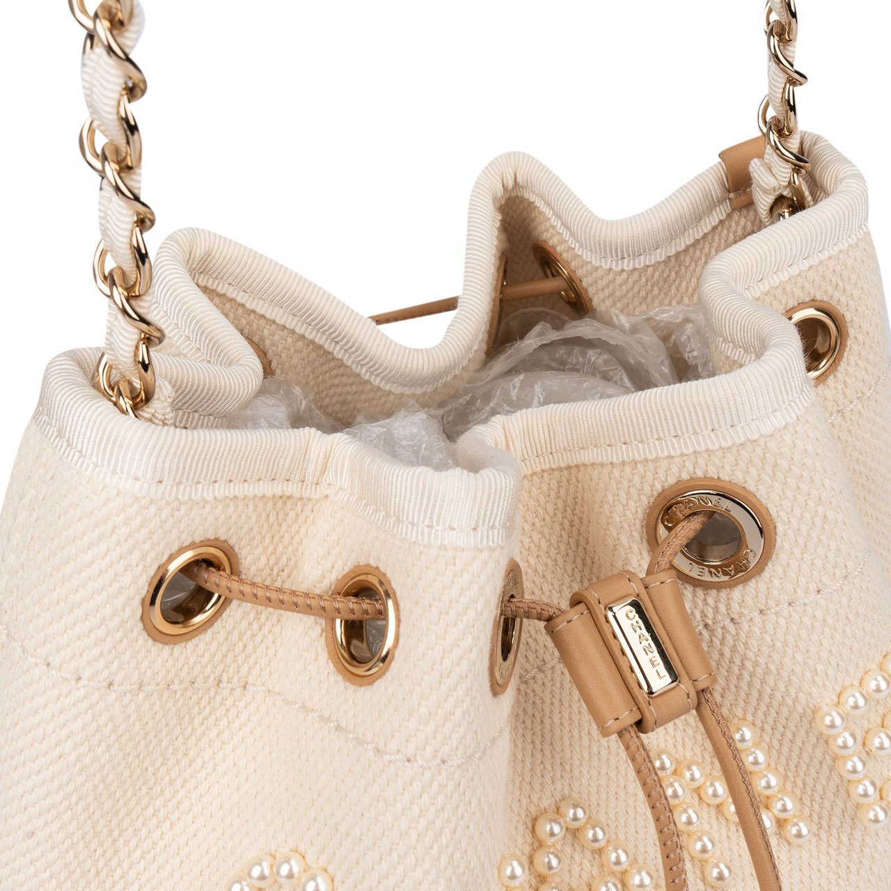 Chanel Chanel Cotton Deauville Pearl Bucket Crossbody Bag Wit