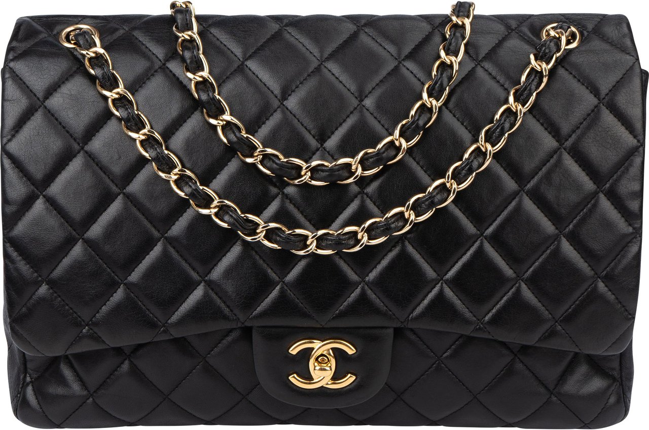 Chanel Chanel Quilted Lambskin Maxi Single Flap Crossbody Bag Zwart