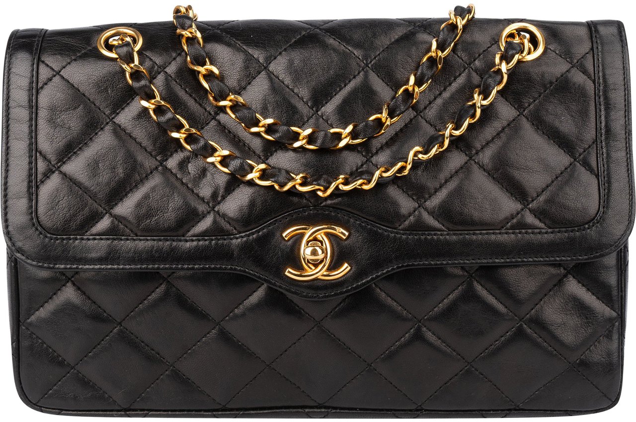 Chanel Chanel Quilted Lambskin 24K Gold Double Flap Shoulder Bag Zwart