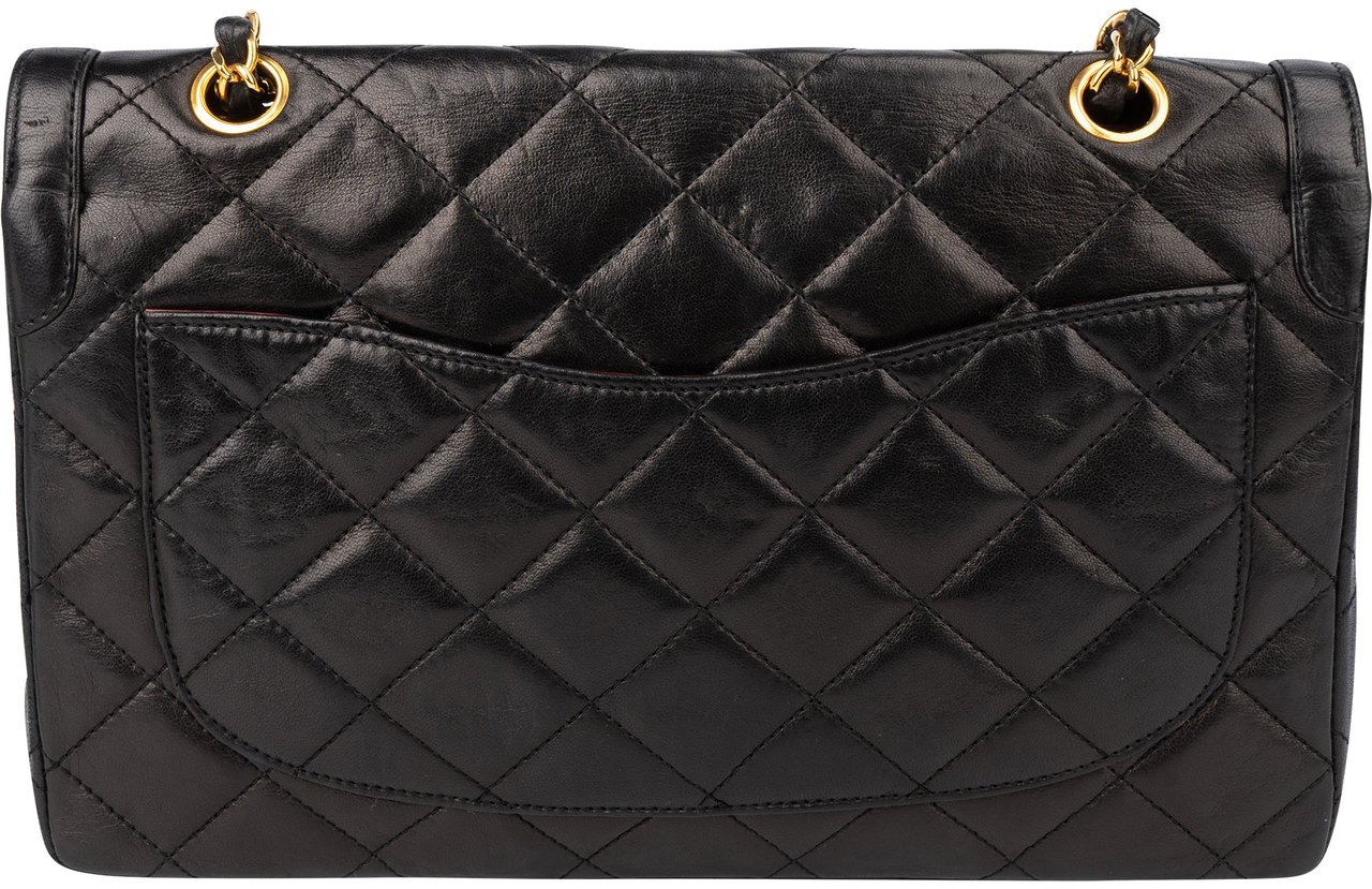 Chanel Chanel Quilted Lambskin 24K Gold Double Flap Shoulder Bag Zwart