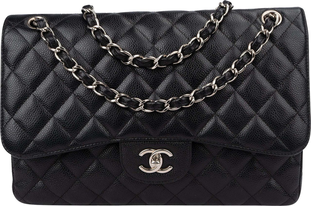 Chanel Chanel Quilted Caviar Leather Jumbo Double Flap Crossbody Bag Zwart