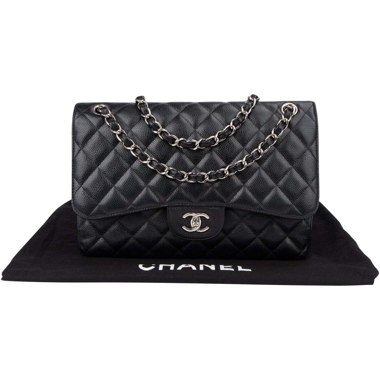 Chanel Chanel Quilted Caviar Leather Jumbo Double Flap Crossbody Bag Zwart