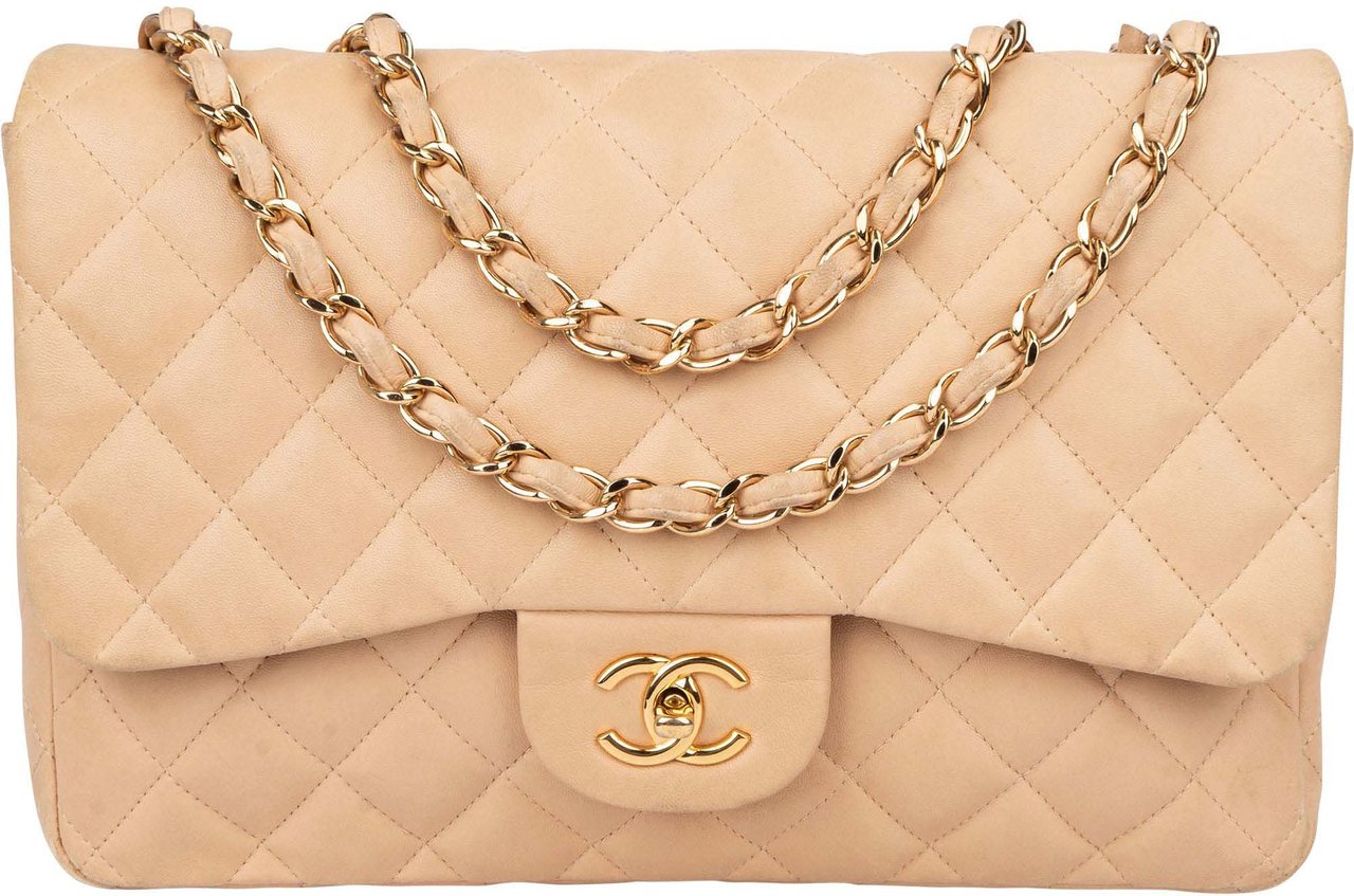 Chanel Chanel Quilted Lambskin Jumbo Single Flap Crossbody Bag Beige