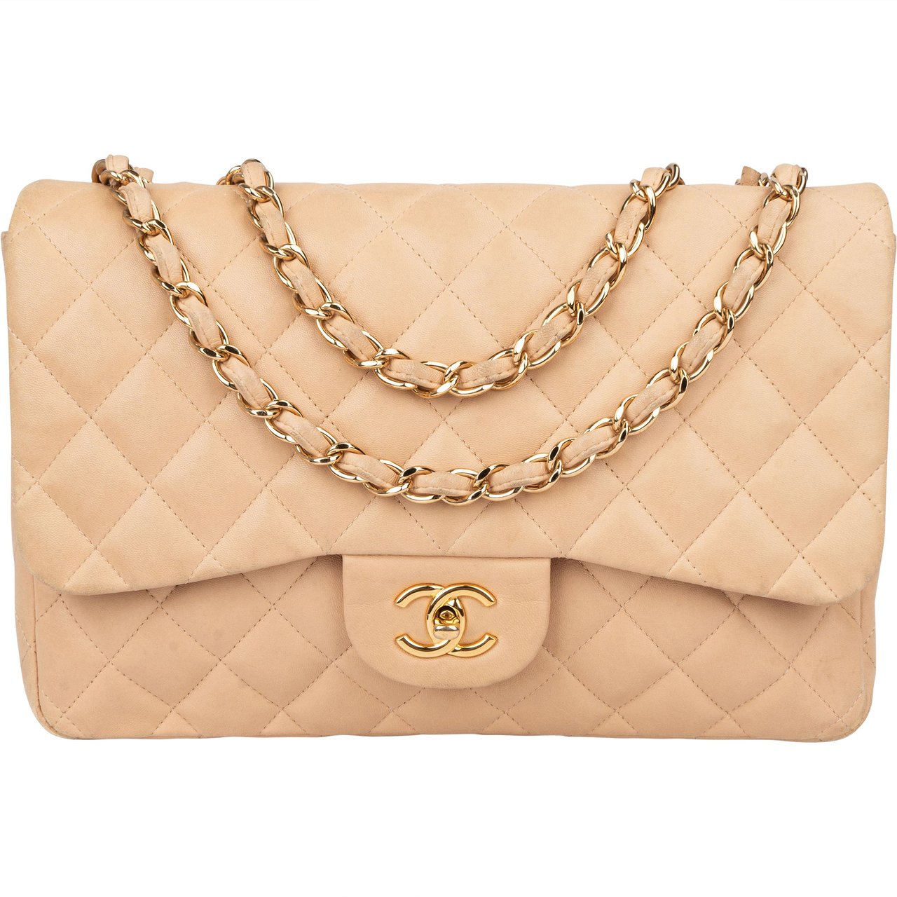 Chanel Chanel Quilted Lambskin Jumbo Single Flap Crossbody Bag Beige