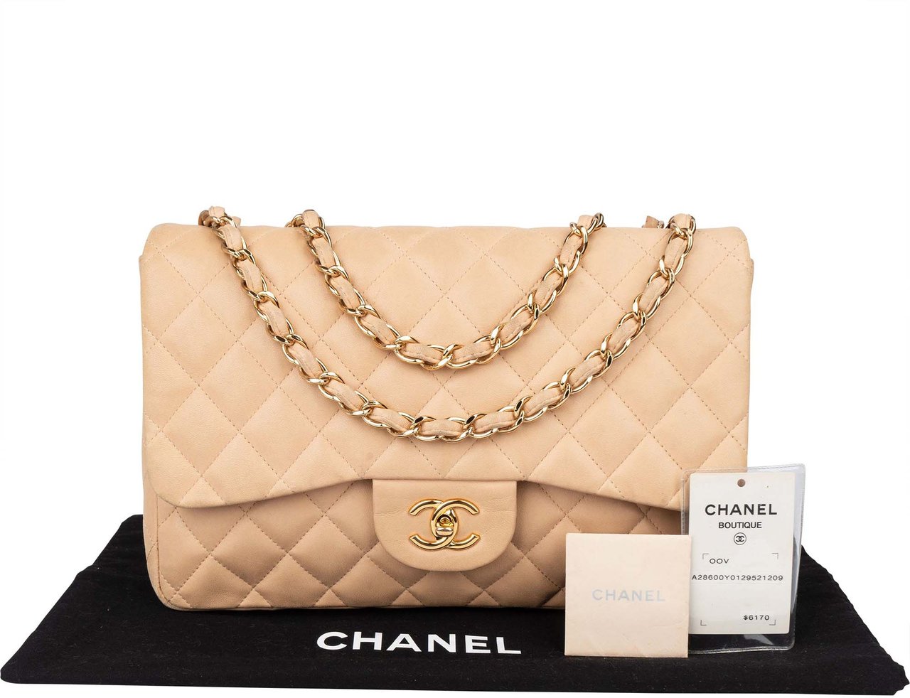 Chanel Chanel Quilted Lambskin Jumbo Single Flap Crossbody Bag Beige