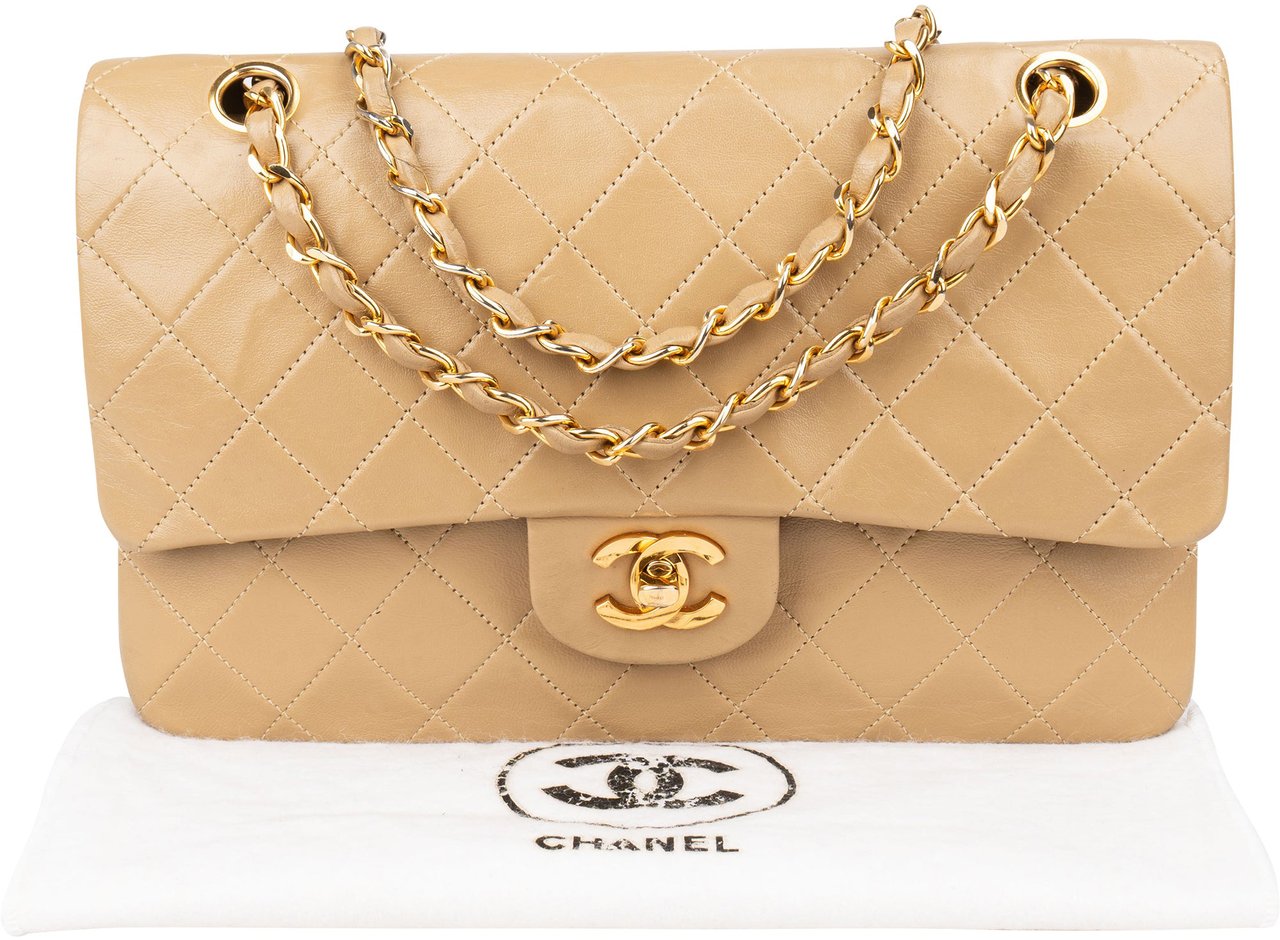 Chanel Chanel Quilted Lambskin 24K Gold Medium Double Flap Shoulder Bag Beige