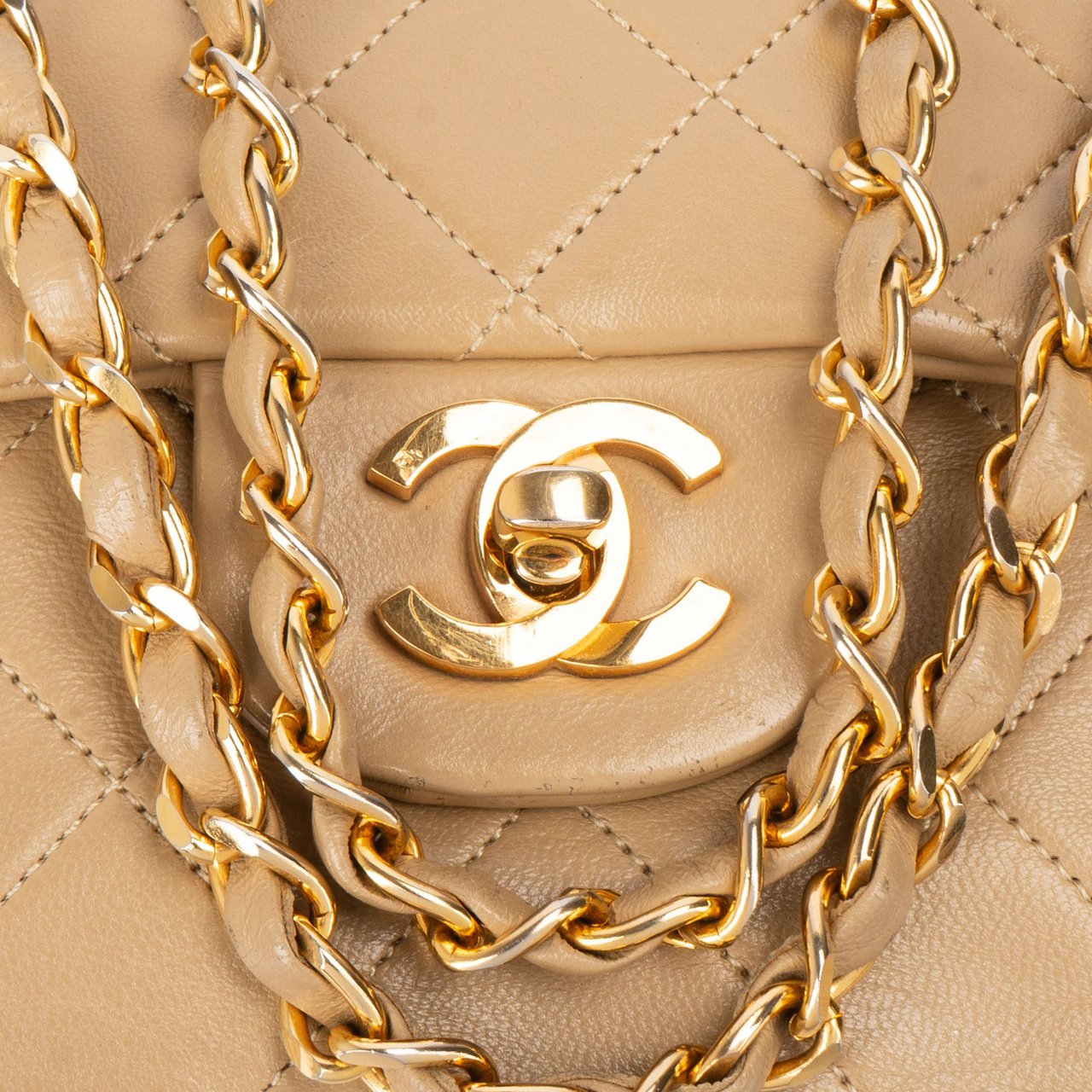 Chanel Chanel Quilted Lambskin 24K Gold Medium Double Flap Shoulder Bag Beige