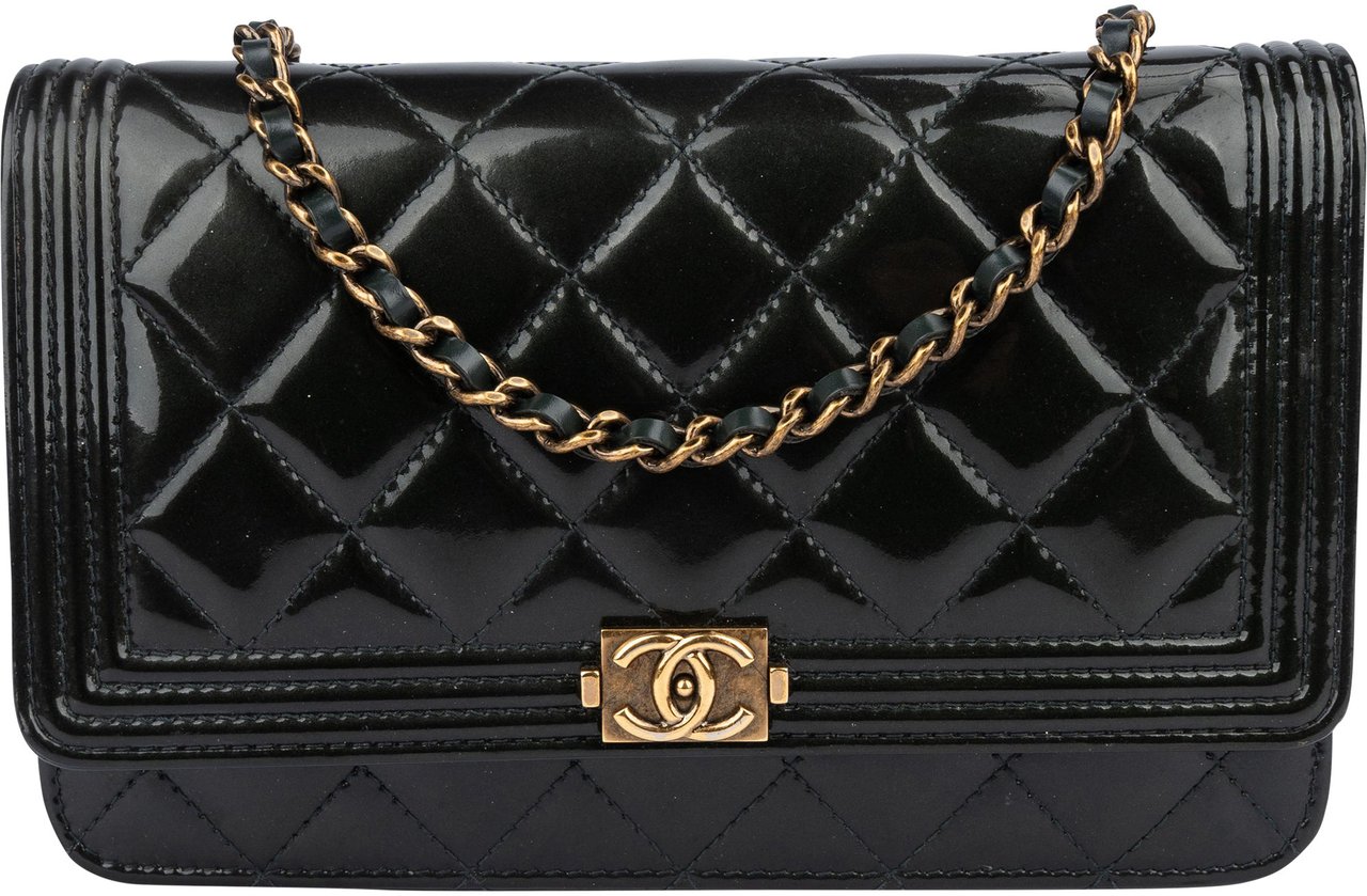 Chanel Chanel Quilted Dark Green Patent Leather Boy Wallet On Chain Crossbody Bag Groen
