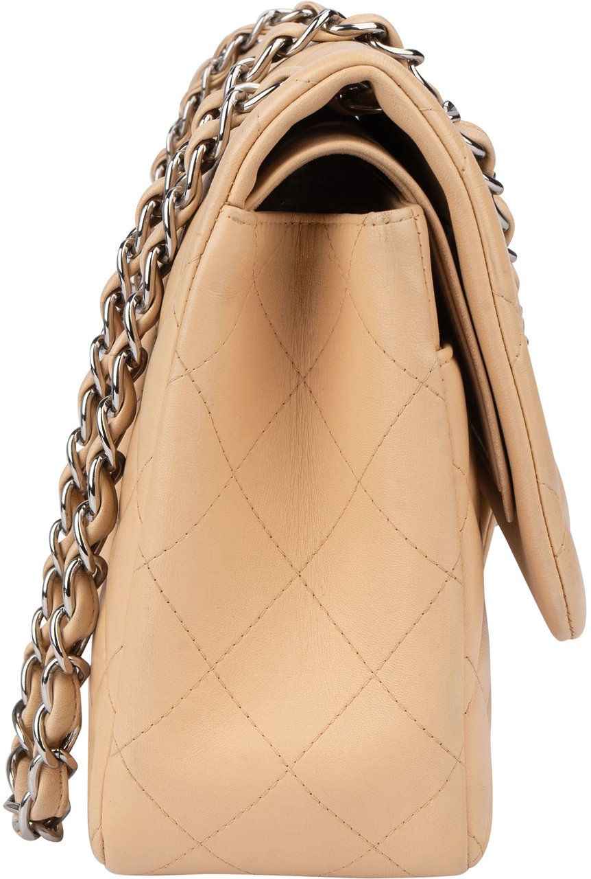 Chanel Chanel Quilted Lambskin Double Flap Jumbo Crossbody Bag Beige