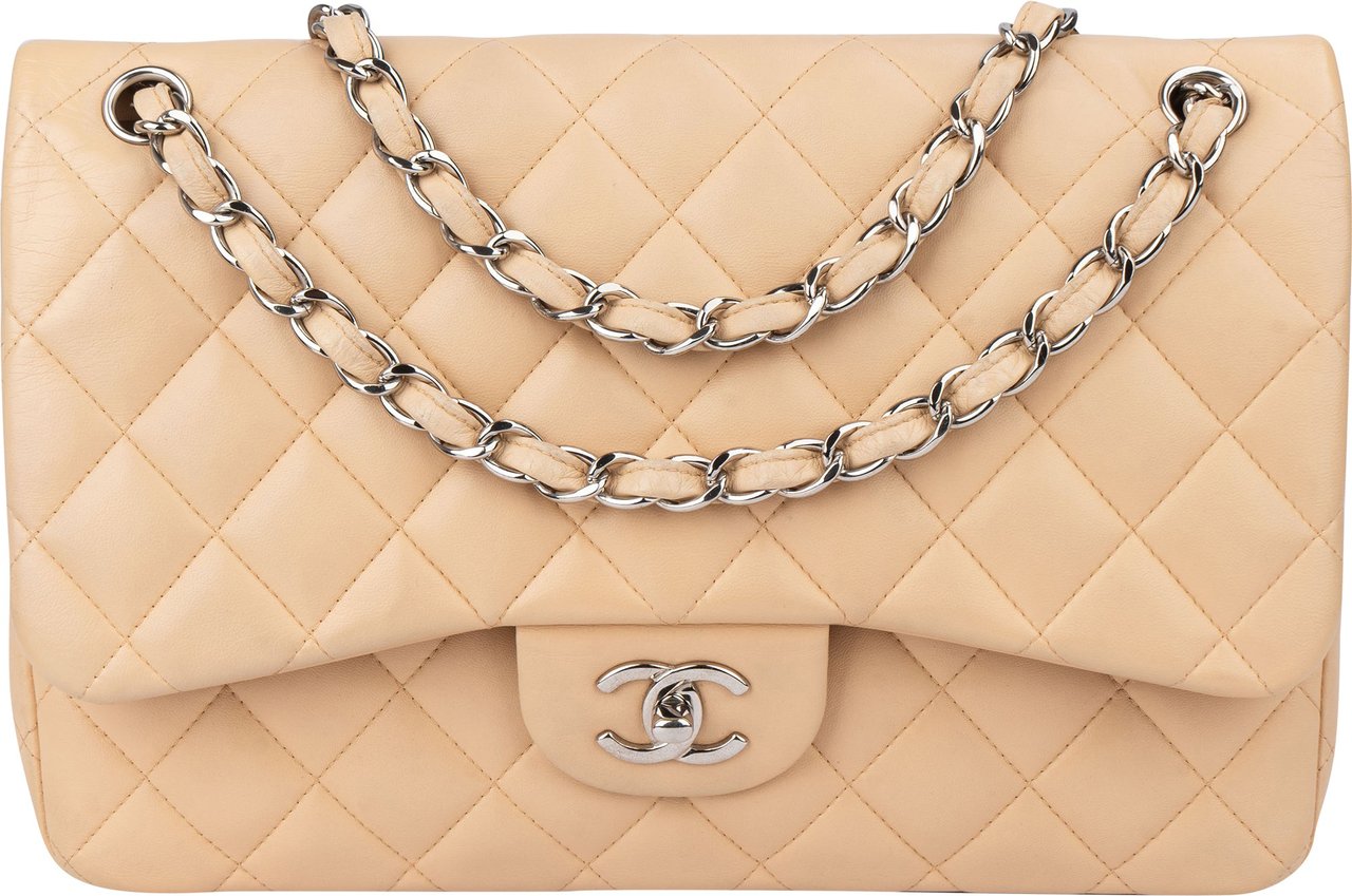 Chanel Chanel Quilted Lambskin Double Flap Jumbo Crossbody Bag Beige