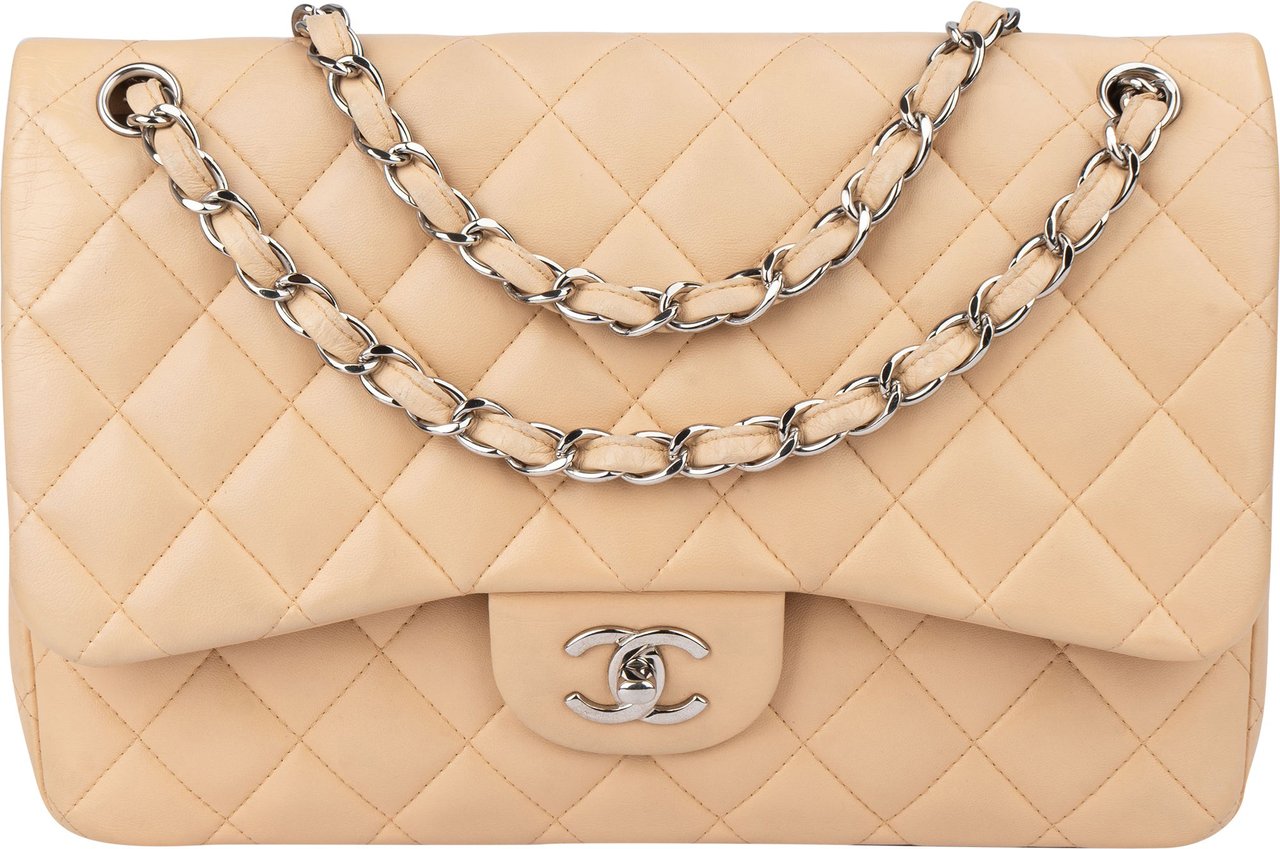 Chanel Chanel Quilted Lambskin Double Flap Jumbo Crossbody Bag Beige