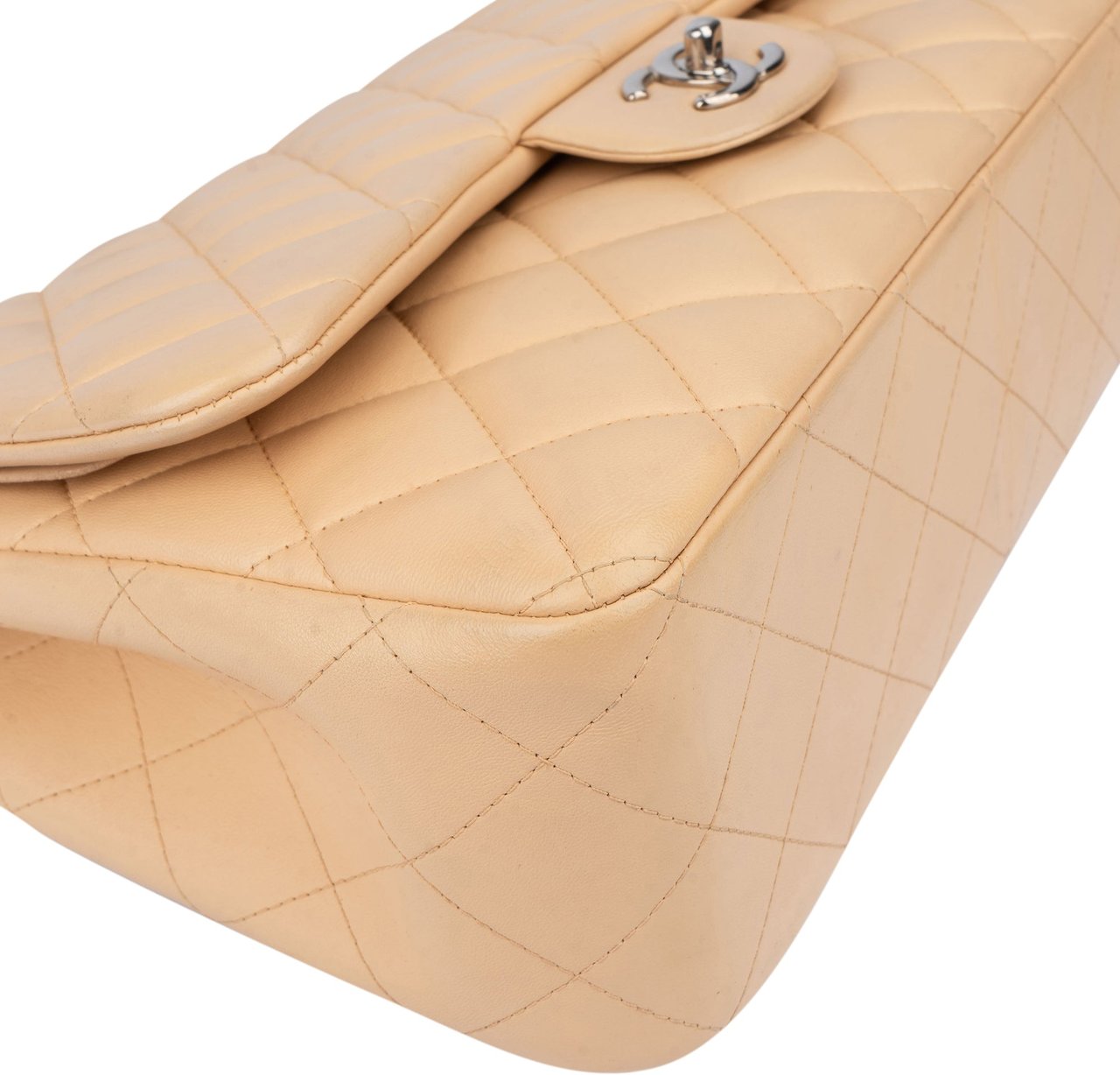 Chanel Chanel Quilted Lambskin Double Flap Jumbo Crossbody Bag Beige