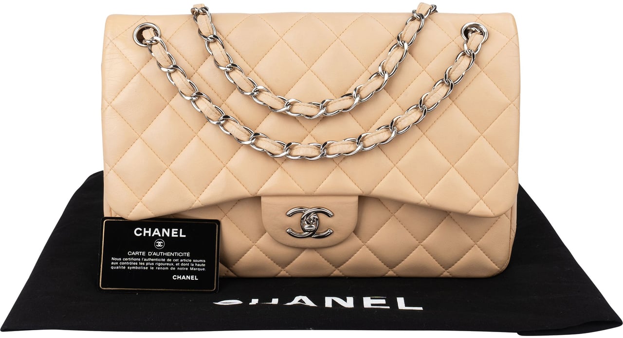 Chanel Chanel Quilted Lambskin Double Flap Jumbo Crossbody Bag Beige