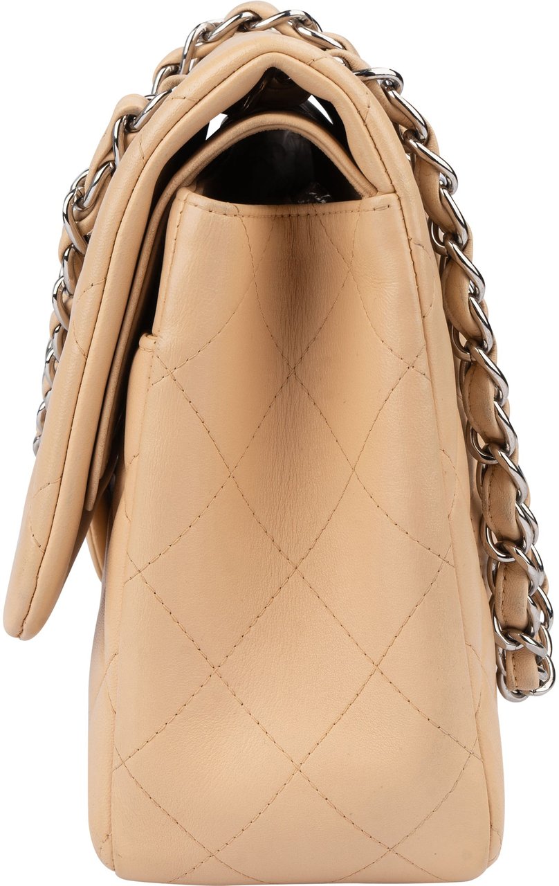 Chanel Chanel Quilted Lambskin Double Flap Jumbo Crossbody Bag Beige