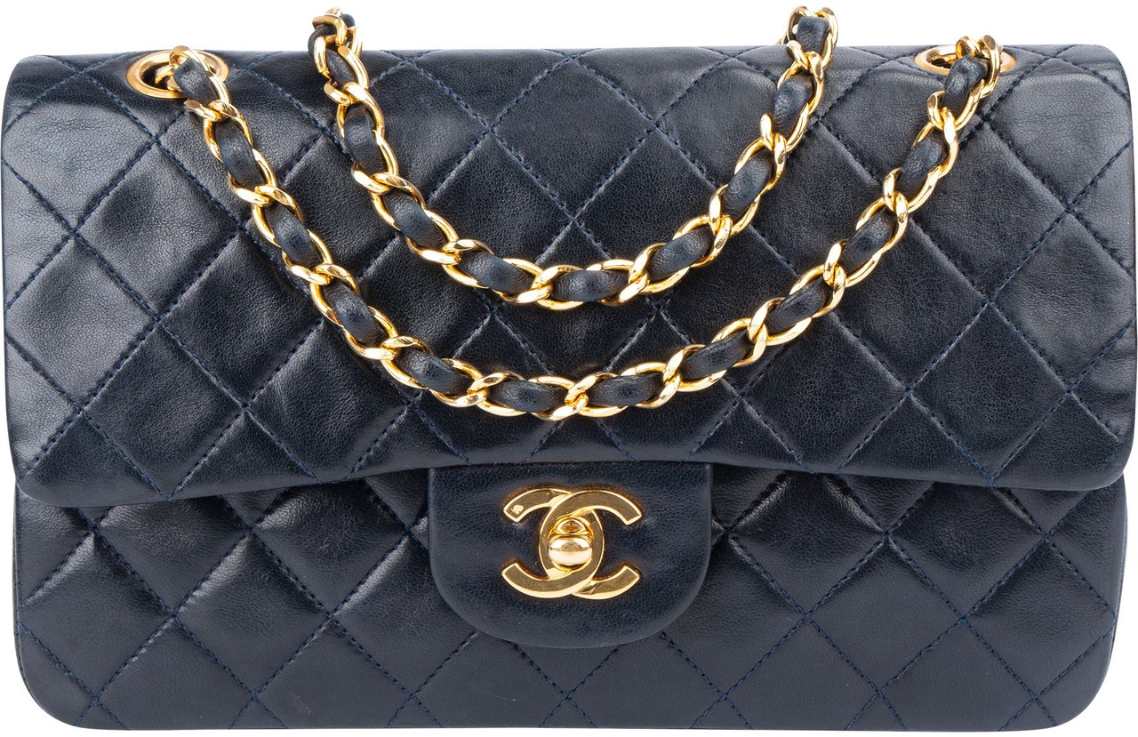 Chanel Chanel Quilted Lambskin 24K Gold Small Double Flap Crossbody Bag Blauw