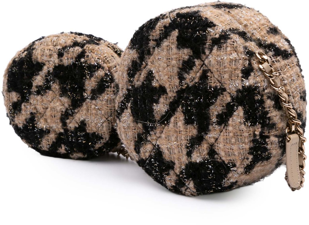 Chanel CC Quilted Tweed and Shearling Round Clutch With Chain Bruin