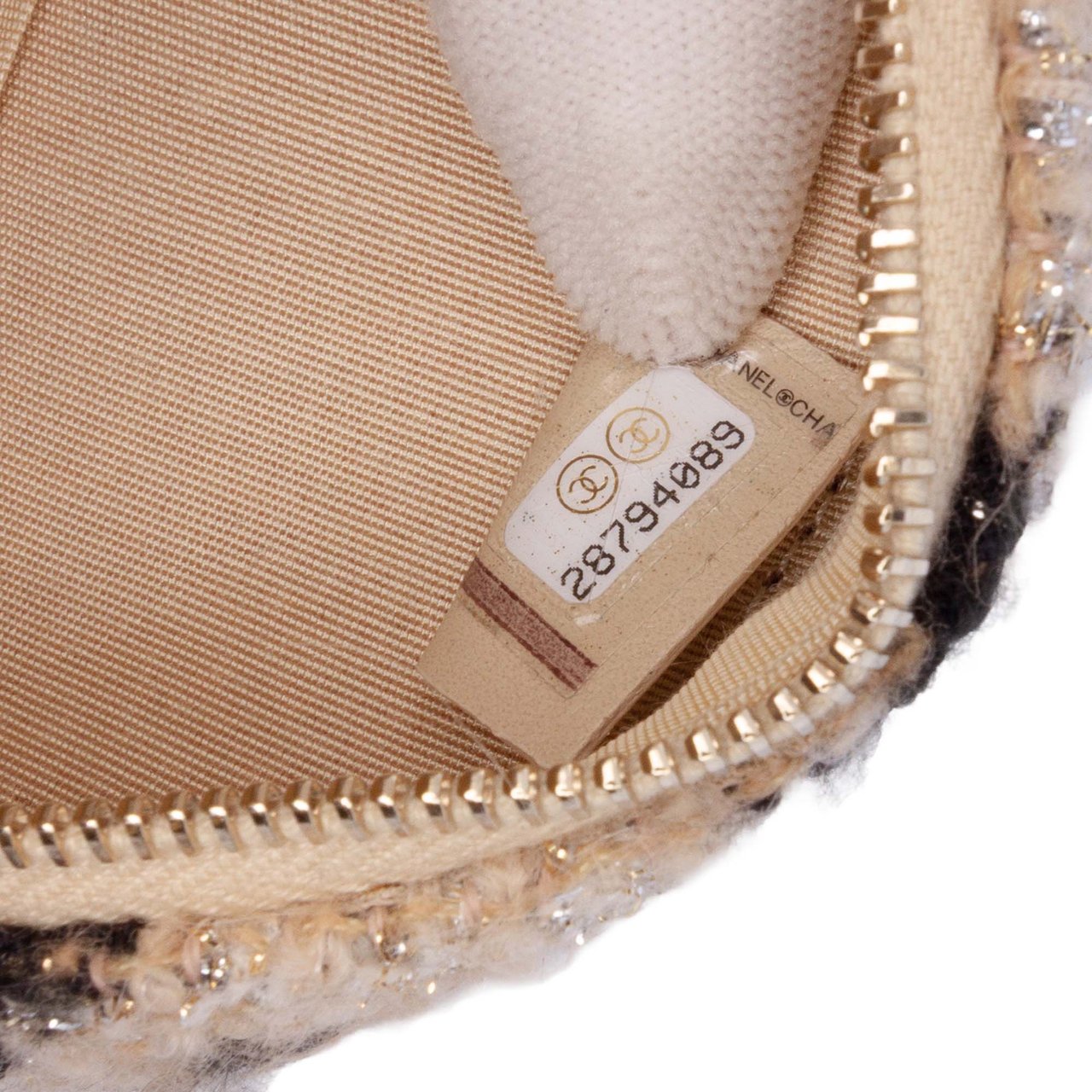 Chanel CC Quilted Tweed and Shearling Round Clutch With Chain Bruin