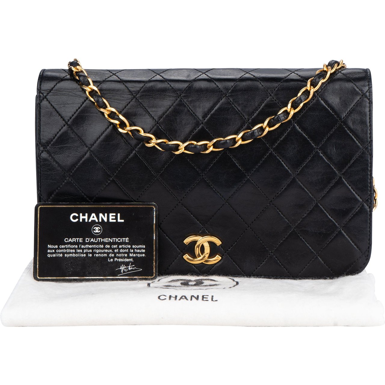 Chanel Chanel Quilted Lambskin 24K Gold Single Flap Shoulder Bag Zwart