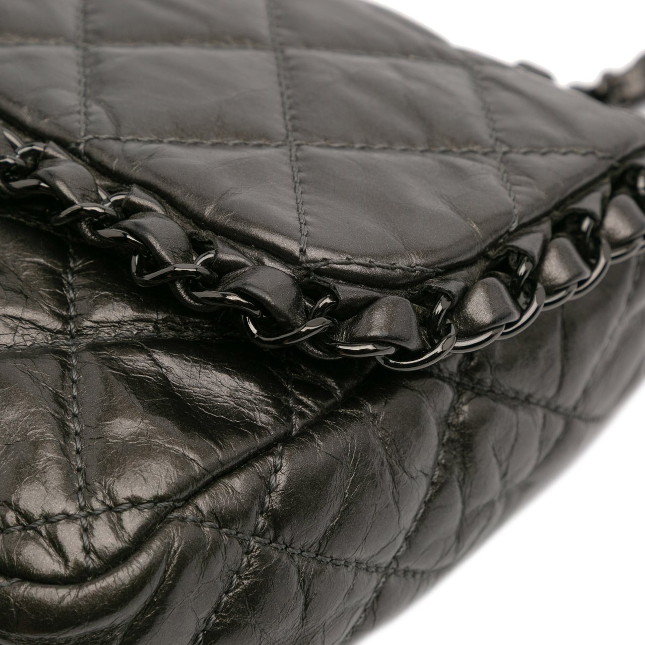 Chanel Medium Quilted Metallic Aged Calfskin Chain Me Flap Grijs