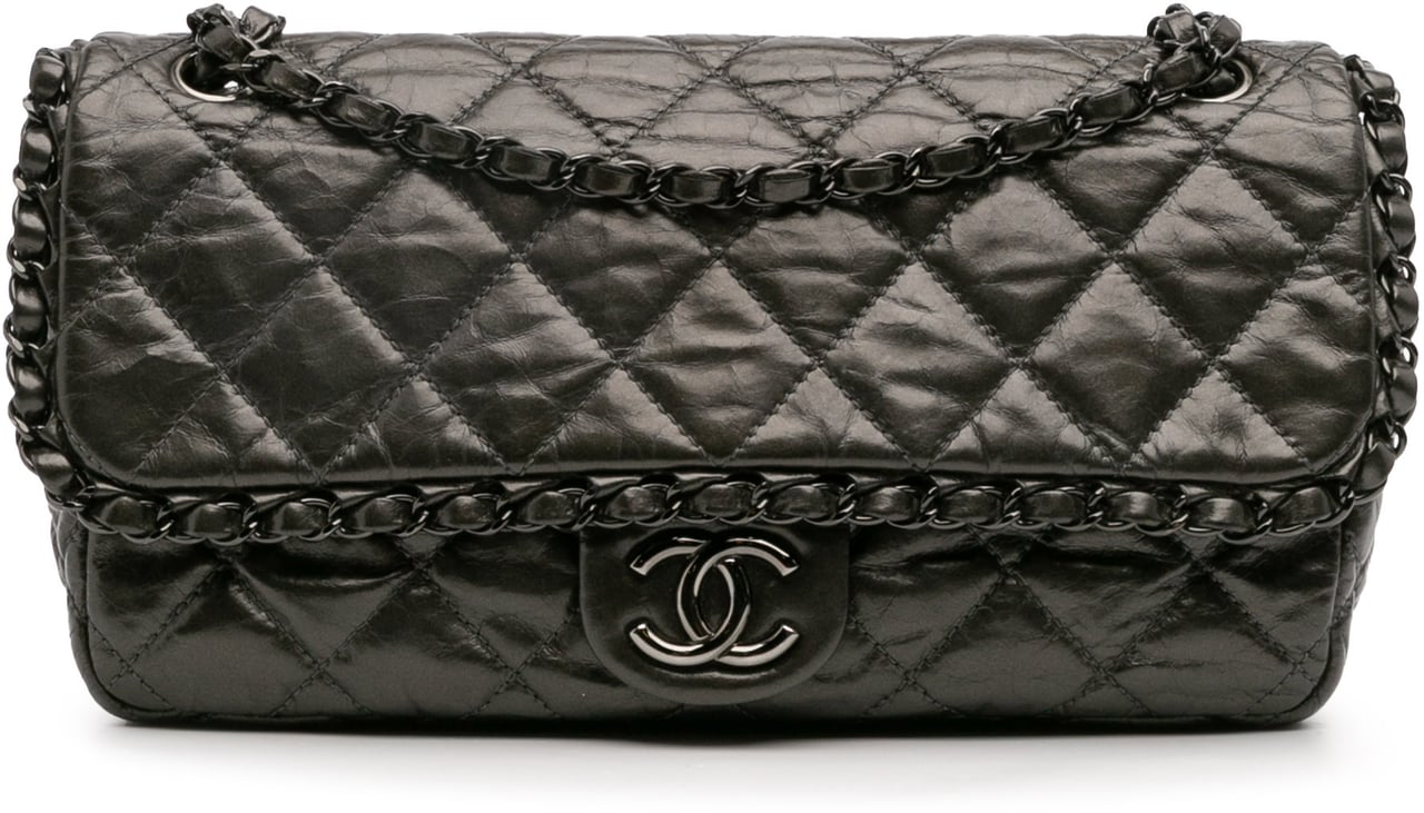 Chanel Medium Quilted Metallic Aged Calfskin Chain Me Flap Grijs